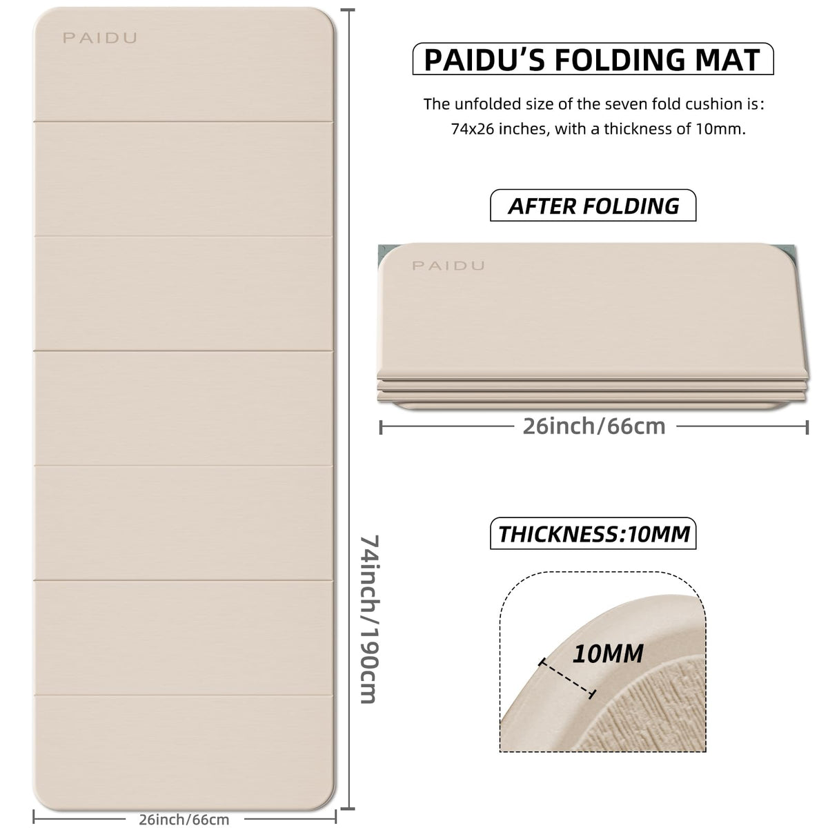 Foldable Yoga Mat 10MM Thick SGS Certified TPE 75x26" Portable (Beige+Dark Gray)