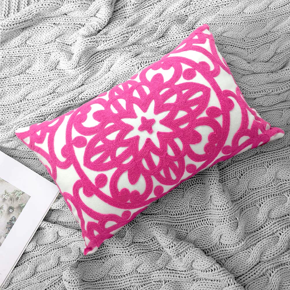 Boho Embroidered Lumbar Throw Pillow Cover 12"x 20" (Vivid Hot Pink / 20" x 12" (Pack of 1))