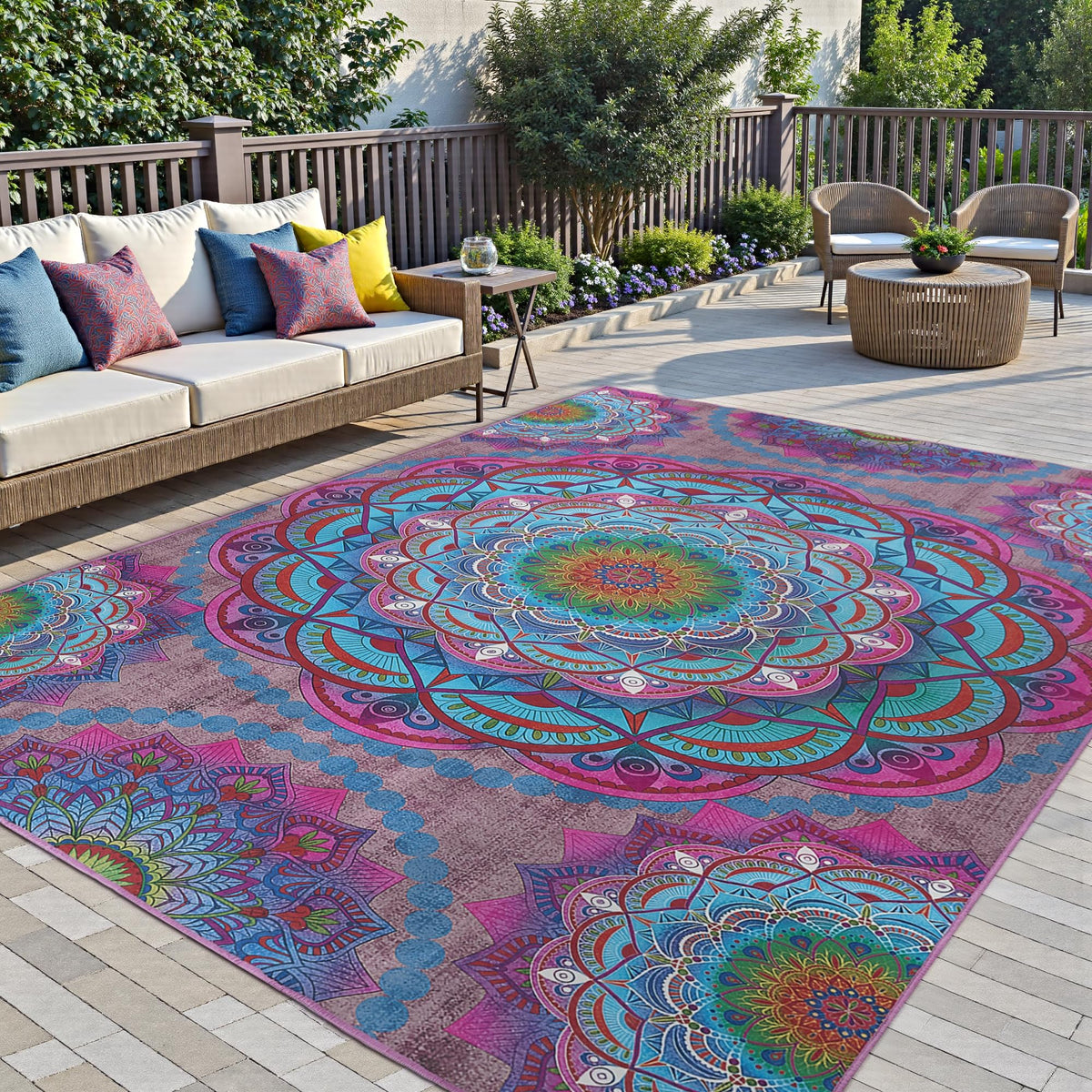 Meditation Indoor Outdoor Rug 6x9 ft Mandala Pattern Rug Boho Style (Purple / 6 x 9 Feet)