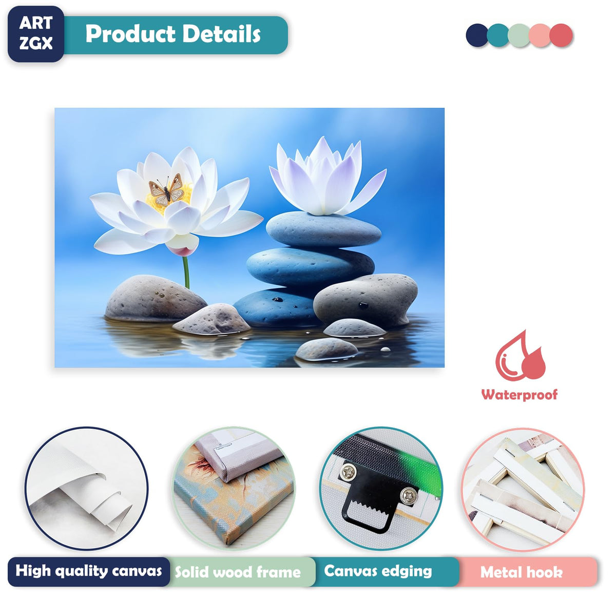 Zen Canvas Wall Art for Bathroom Lotus Pictures Blue Spa Stone Painting Butterfly Flower Artwork for Yoga Decor Frame (Zen - B / 12"L x 18"W)