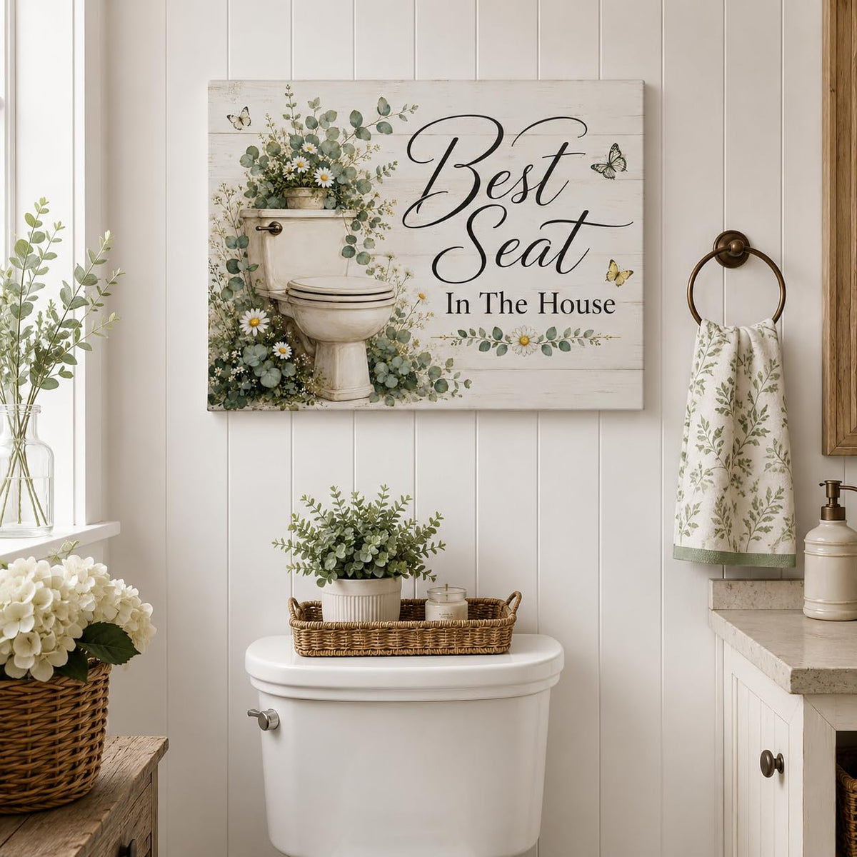 Best Seat in the House Framed Wall Art Canvas Funny Bath Decor 16x24 Inches (Farmhouse Bathroom / 24"L x 16"W)