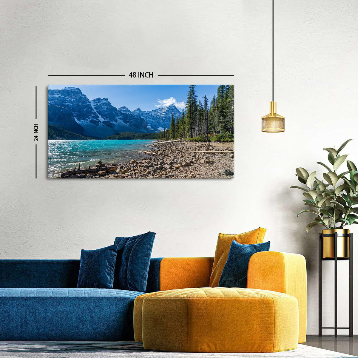 Banff Canvas Wall Art Rustic National Park Landscape Painting for Living Room Pine Trees Mountain Scenery Poster Bedroom Moraine Lake Panoramic Pictures Modern Artwork Office Home Decorations 24x48" (48"L x 24"W / Mountain Lake)