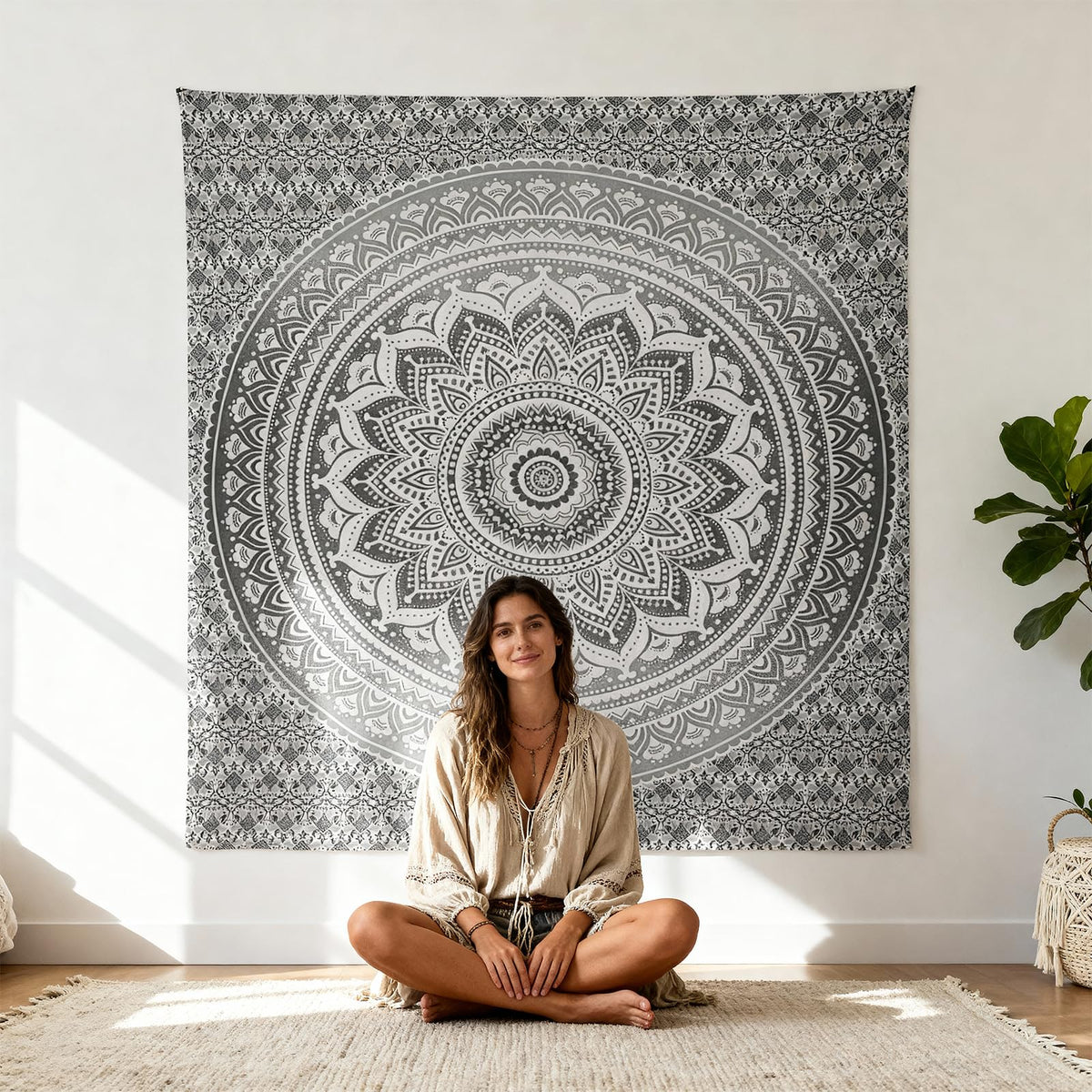 Handmade Cotton Mandala Wall Tapestry (Grey / 108"L x 90"W)