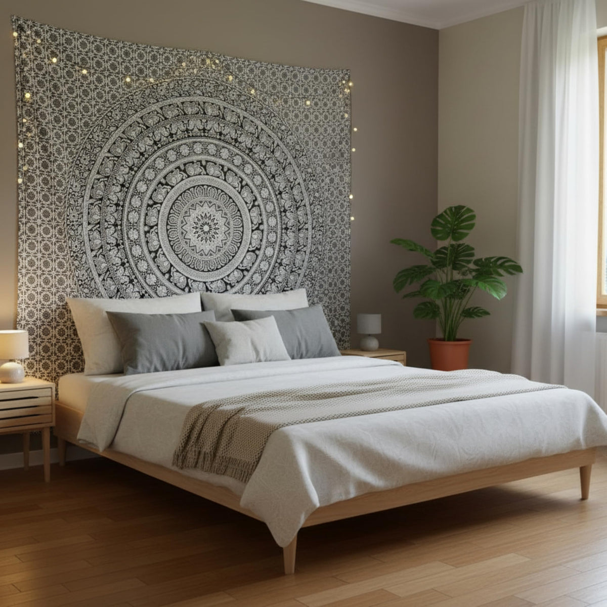 Cotton Mandala Tapestry (Black and White / 84"L x 90"W)