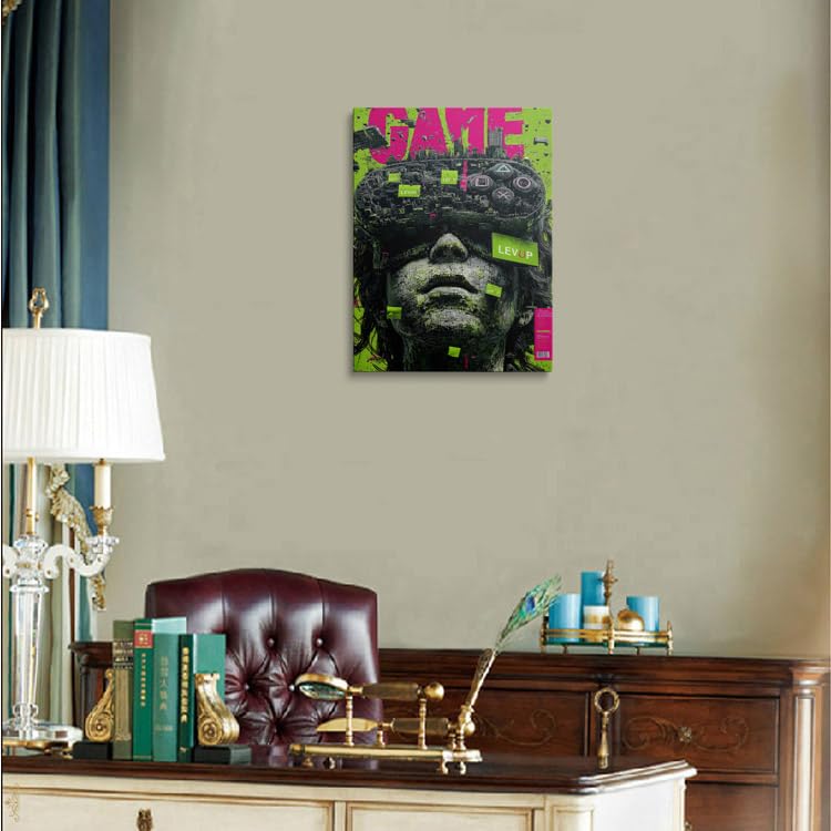 Cyberpunk Gamer Wall Art Canvas Framed Print Pixel Face Cityscape with Neon Pink Green GAME LEVUP Text Futuristic Glitch Art Wall Decor Artwork for Game Room Bedroom Office 12x16 Inches (game / 16"L x 12"W)