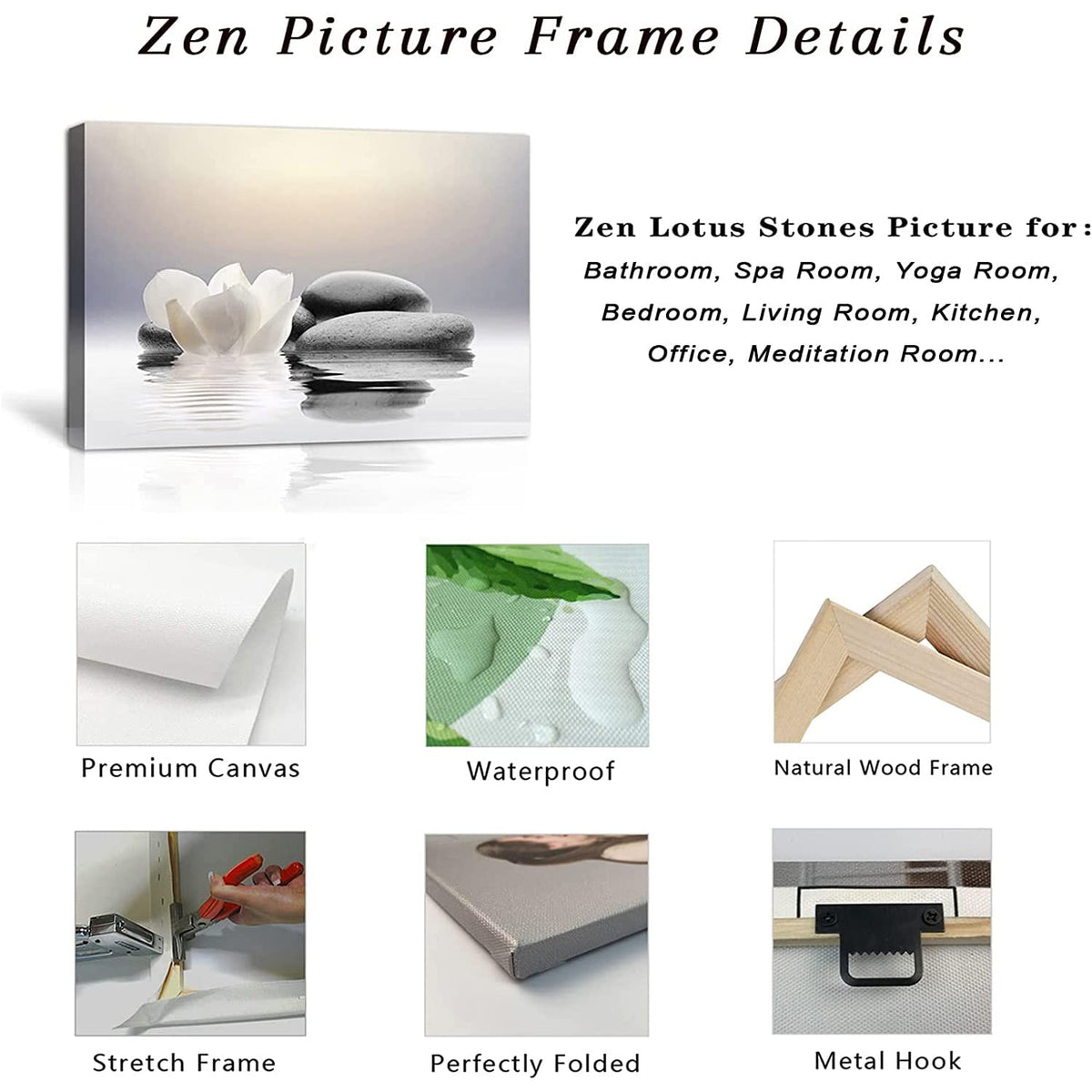 Zen Canvas Wall Art Lotus Flowers and Stones Spa Pictures Wall Decor Art Prints for Yoga Meditation Room Decor (Zen-1 / 12"L x 18"W)