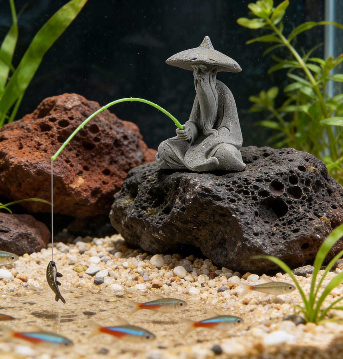 Mini Fisherman Statue Asian Zen Decoration Sitting Fishing Figurines Sandstone Vintage Ornament for Aquarium Fish Tank Pot Garden Home Japanese Decor (D2)