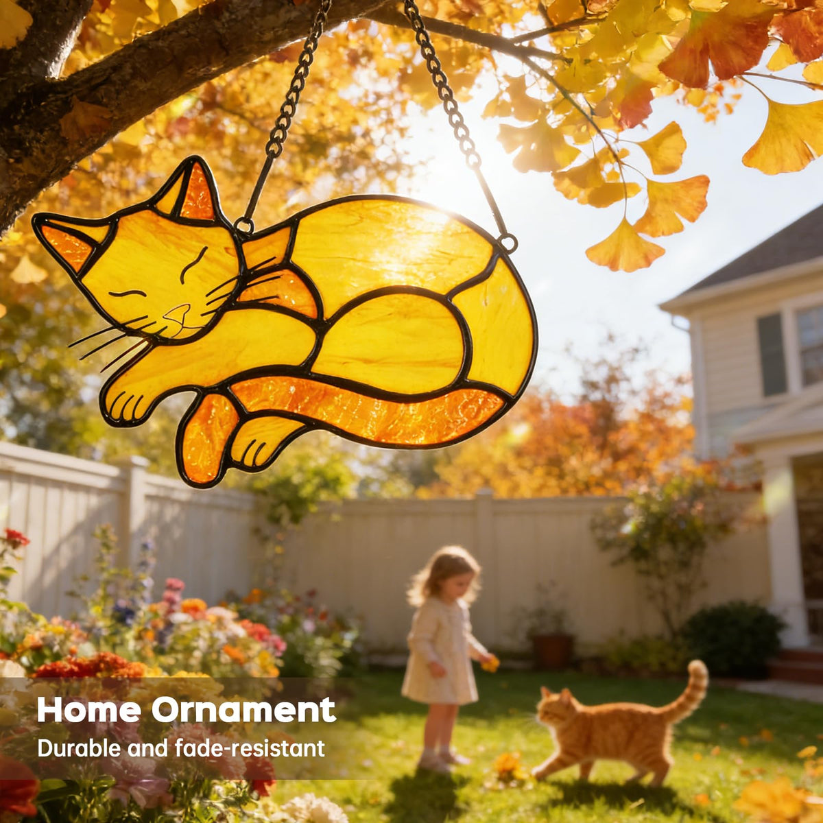 Orange Cat Stained Glass Suncatcher Decor for Window Hanging (Orange)