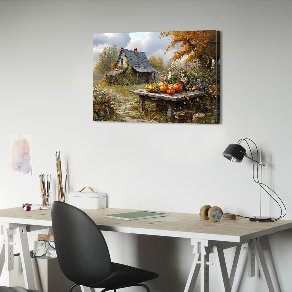 Farmhouse Country Autumn Landscape Wall Art Fall Pumpkin Picture Canvas Prints Colorful Wildflower Wall Decor (30"L x 20"W / Pumpkin5)