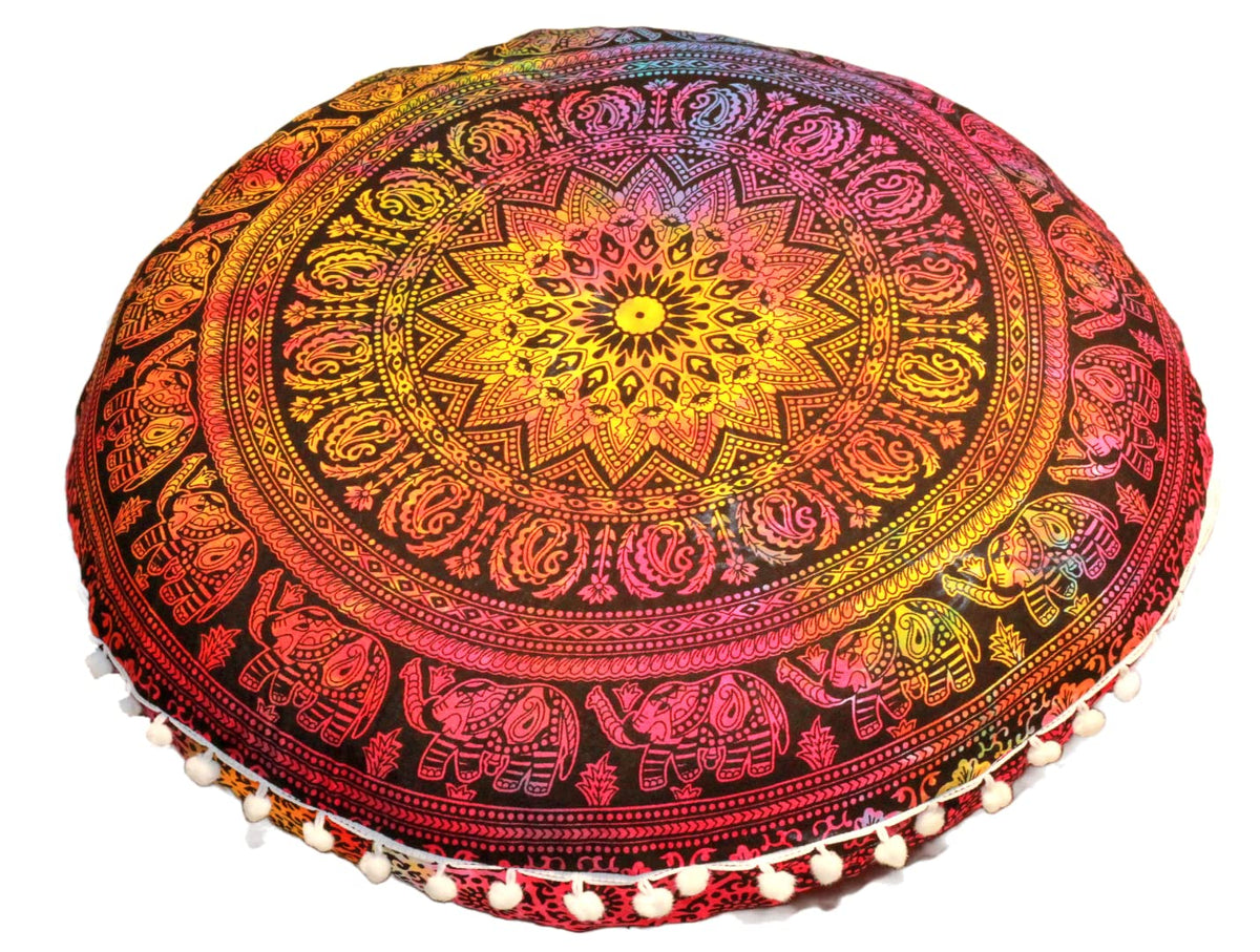 22" Round Mandala Boho Pillow Cover Meditation Room Seating Poufs Cover for Living Room Yoga Room Home Bedroom Balcony Garden Party Decoration Cotton Floor Cushion Cover 22" (22" / Multi Elephant)