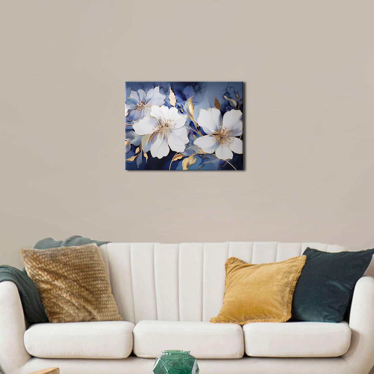 Abstract White Flower Wall Art Blue and Gold Floral Wall Decor Navy Blue Gold Marble Wildflowers Canvas Pictures for Bedroom Decor Abstract Botanical Prints Artwork Living Room Home Decoration 12x16" (16"L x 12"W / Abstract Flower)