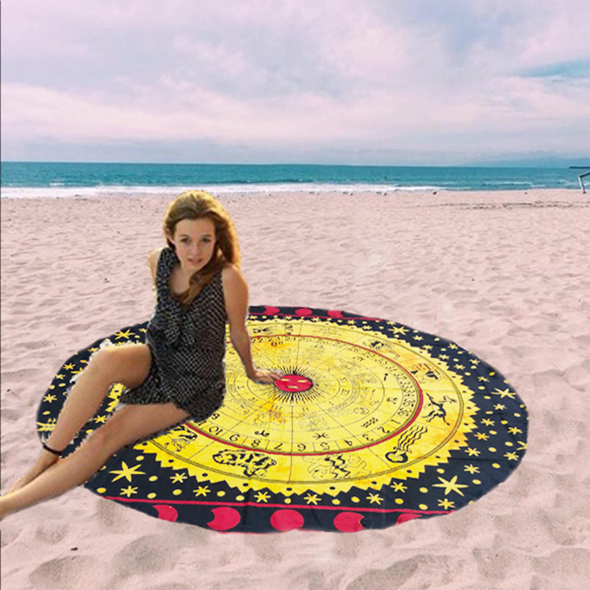 Round Beach Tapestry Turquoise Mandala Throw (5'8" (Round) / Yellow Black)