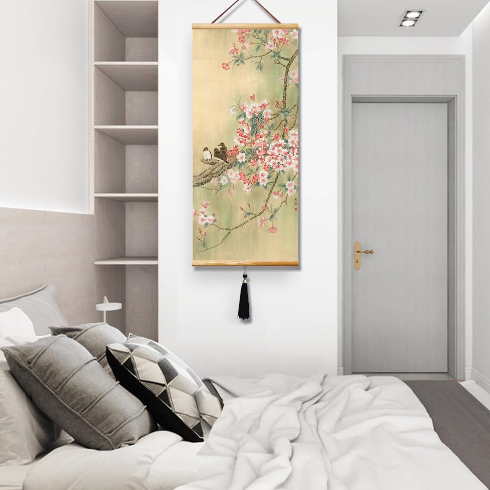 32x14in Asian Scroll Wall Art (Cherry blossoms bloom)
