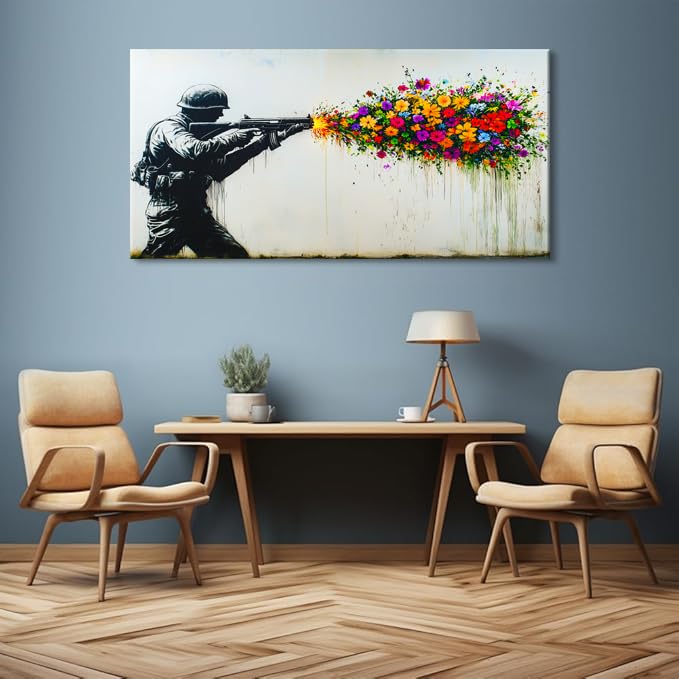 Black Soldier with Colorful Flower Wall Art for Living Room Office Peaceful Urban Contemporary Painting Prints Banksy Style Canvas Artwork Dining Bedroom Decor Extra Large (Contemporary / Colorful Soldier Flower Wall Art / 58"L x 28"W)