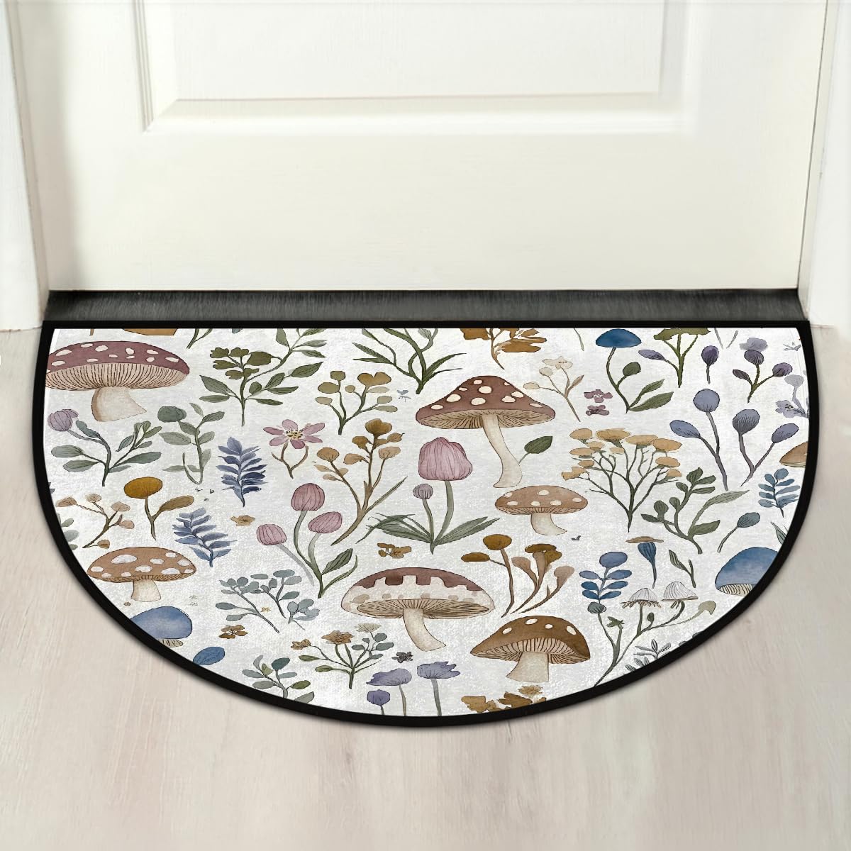 Mushroom Wildflowers Florals Half Round Door Mat Indoor Entrance Low Pile Non Slip Absorbent Semi Circle Welcome Mats Doormats 36x24 in Floor Mats for Home Kitchen (Mushroom Wildflowers Florals)