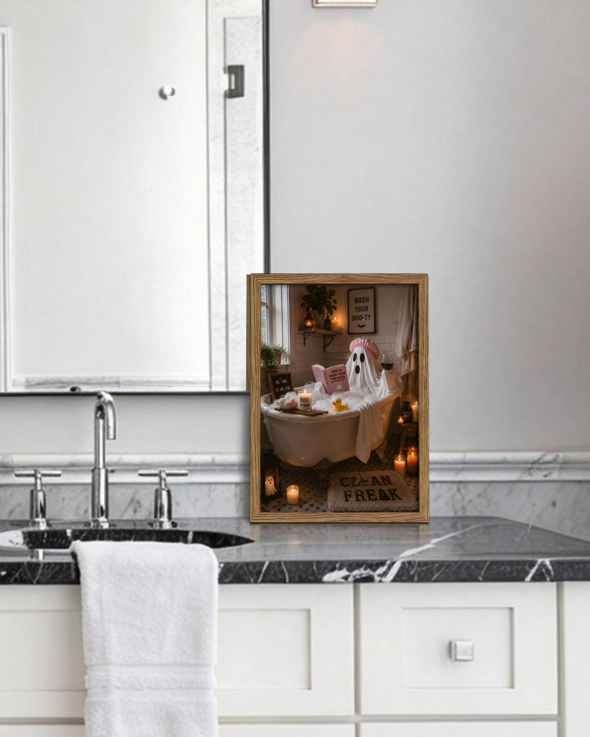 Framed Funny Halloween Bathroom Wall Art (A-Specter / 16"L x 12"W)