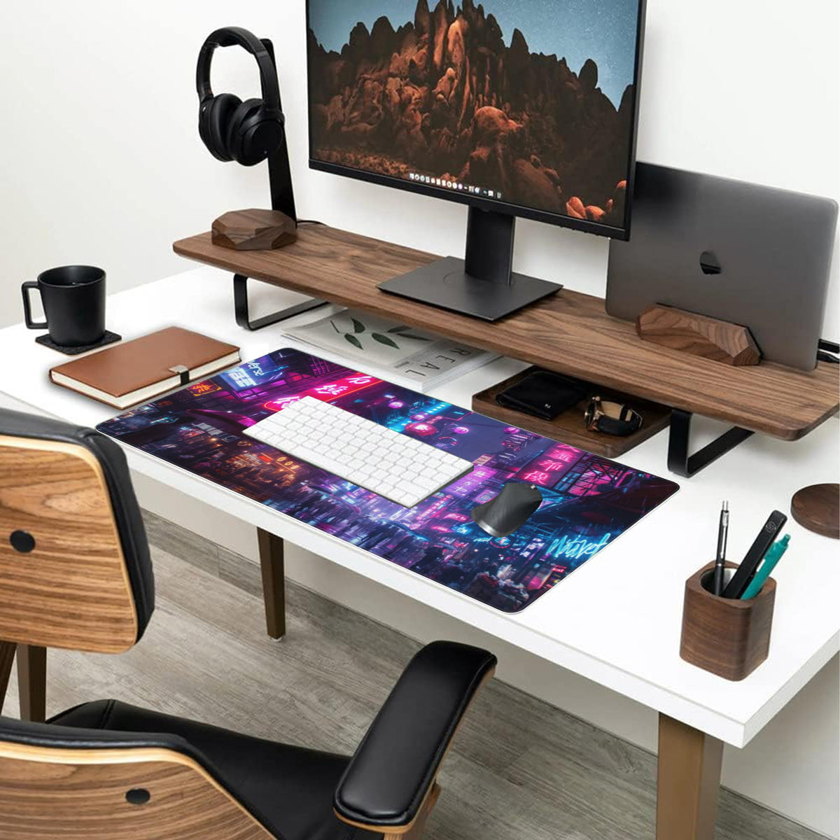 Desk Mat Cyberpunk Neon City Large Gaming Mouse Pad for Desk XXL (15.7" x 35.4" / Cyberpunk Neon City)