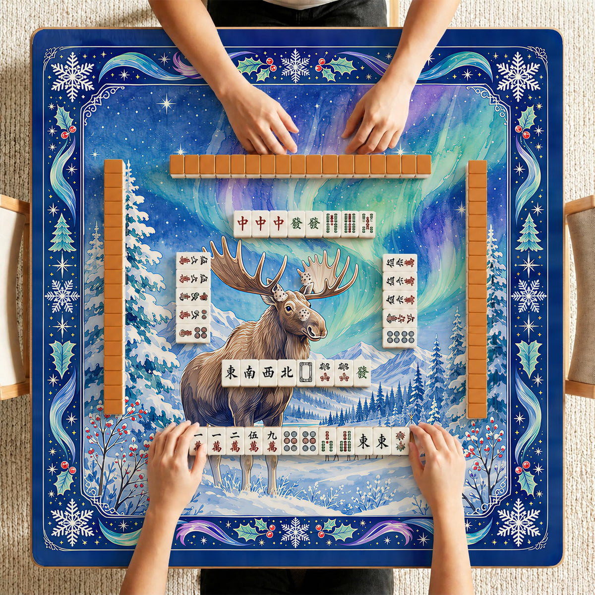 Blue Winter Christmas Moose Mahjong Table Mat 31.5" x 31.5" (Elk Aurora)