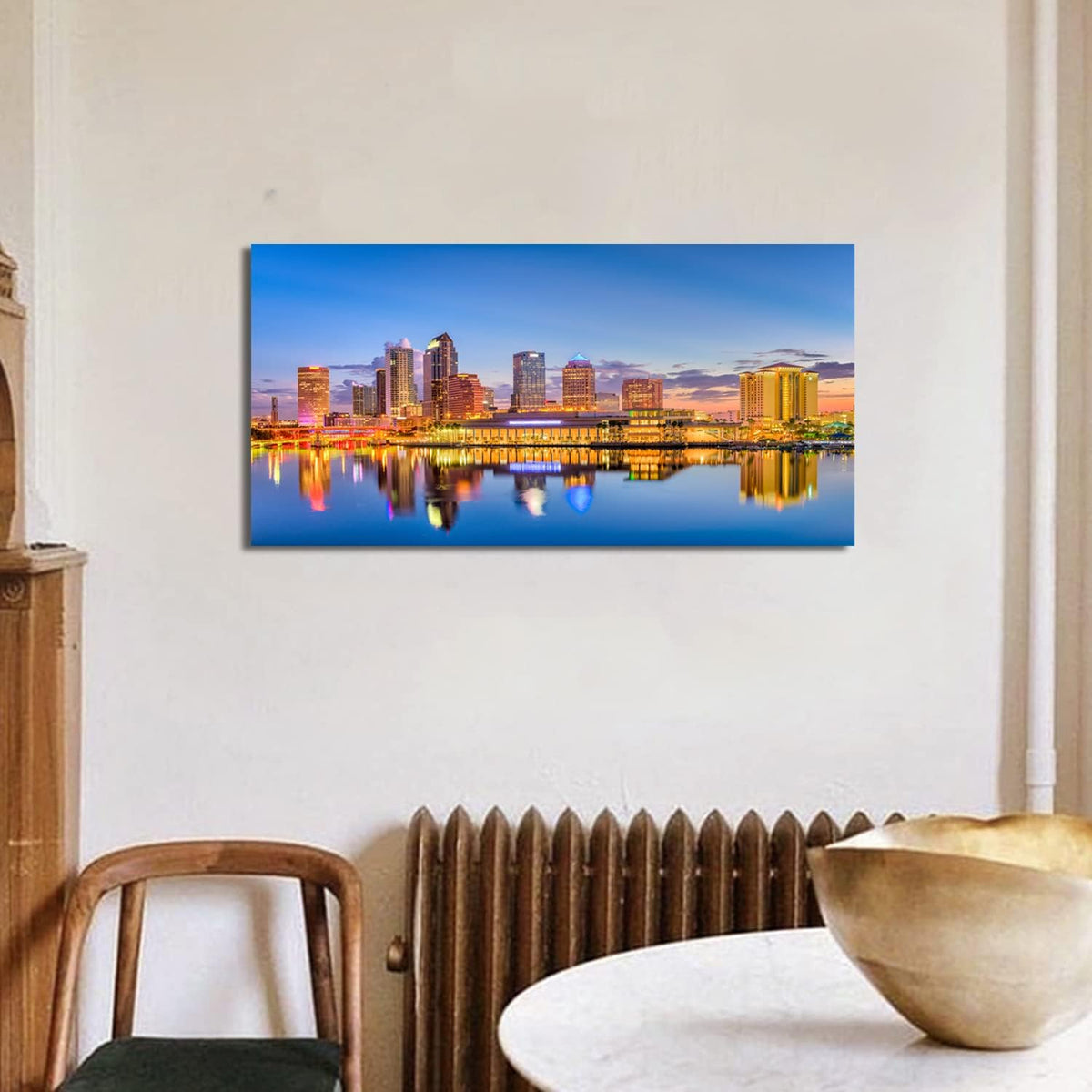 Florida Skyline Wall Art USA City Poster Tampa Cityscape Picture Modern Office Wall Decor Blue Night Skyscraper Downtown River Reflection Painting Artwork for Living Room Decoration 20x40” (40"L x 20"W / Tampa)