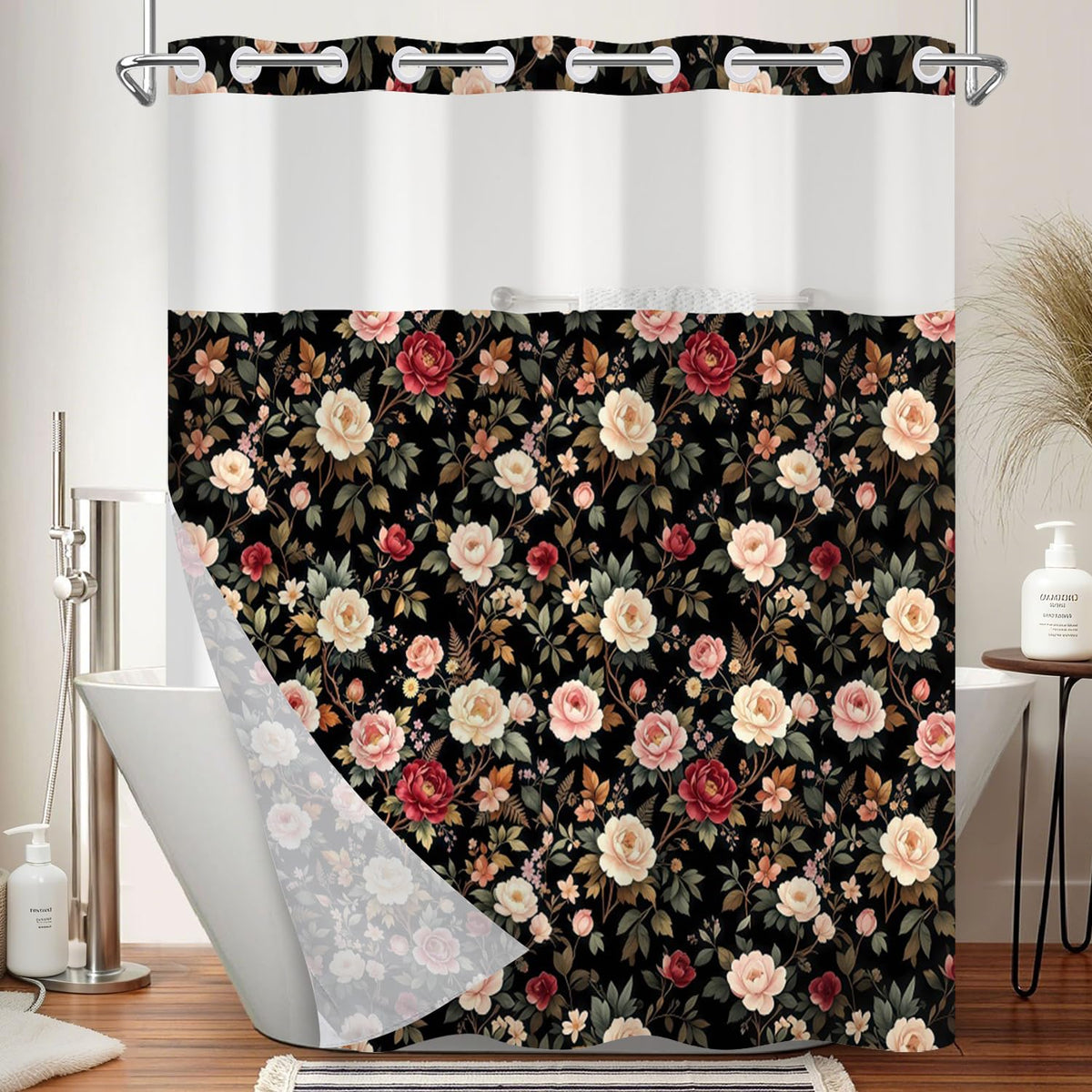 Dark Flower Shower Curtain with Snap in Liner (Vintage Floral)