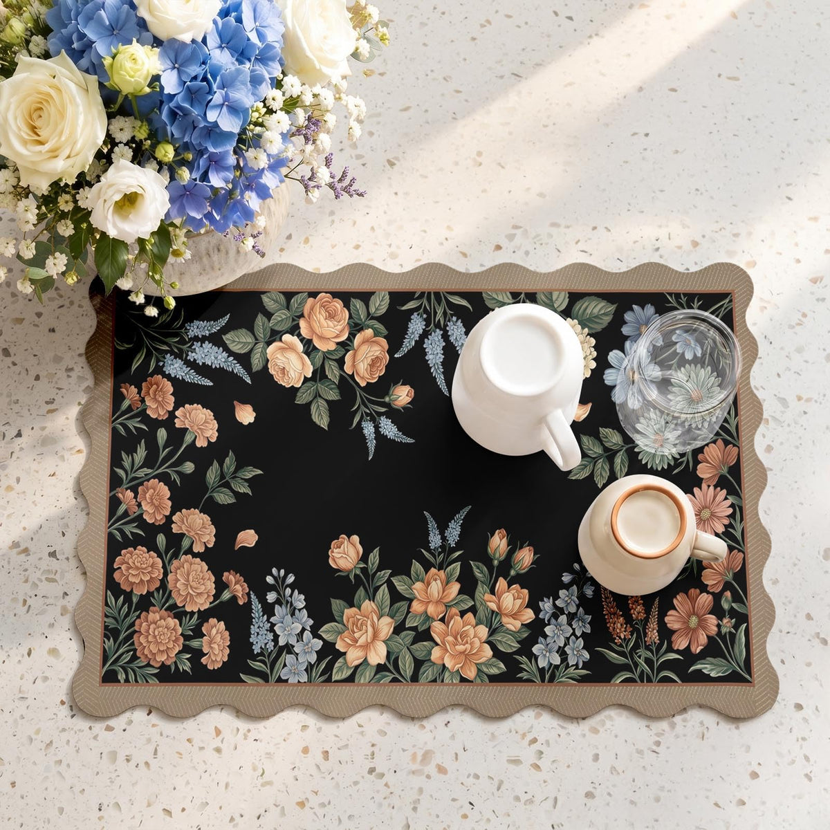 Scalloped Dish Drying Mat 2 (Vintage Floral 2 / 12x19 inch)