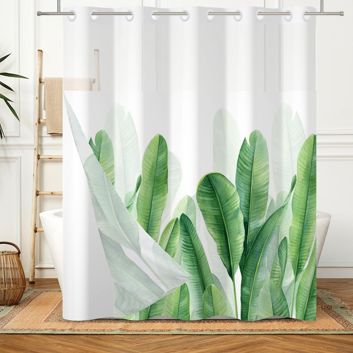 No Hook Tropical Shower Curtain with Snap in Liner Set Summer Plant Palm Leaf Shower Curtains for Bathroom Double Layers Hotel Style Fabric Washable 71x74 Inch (Olive Green)