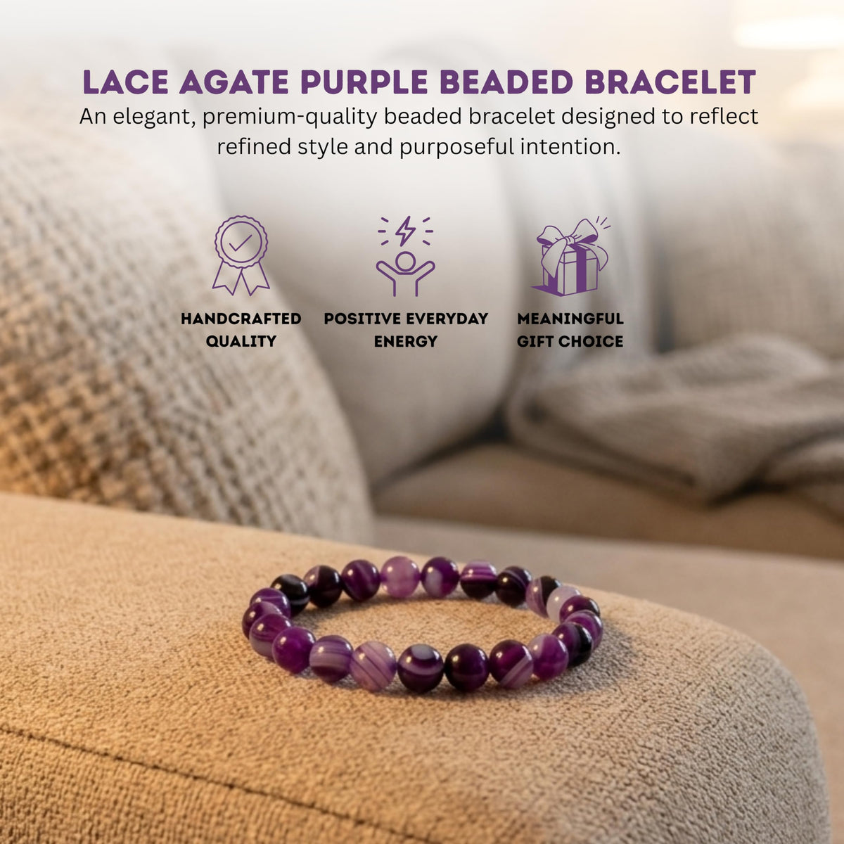 Lace Agate Purple Bracelet 8mm Beaded Bracelet (Lace Agate Purple / Small)