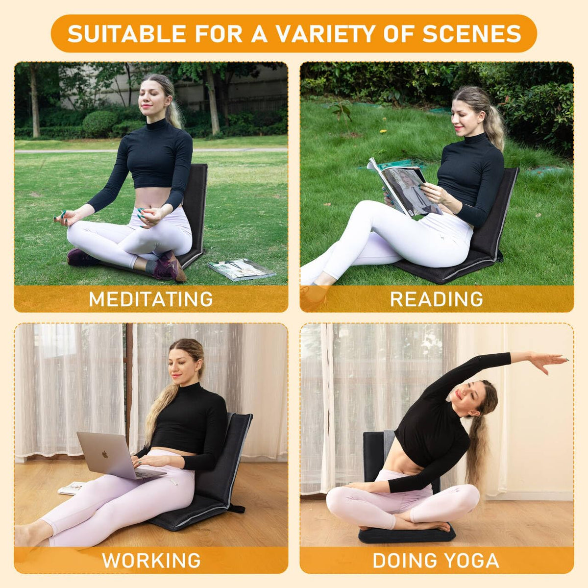 Floor Chair with Back Support Foldable Meditation Seat (Black & Grey)