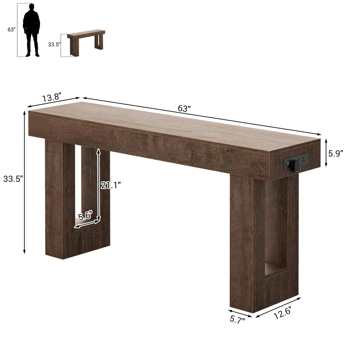63" Console Table with Sensor Light & AC Outlets with USB (Rustic Oak / 63IN)