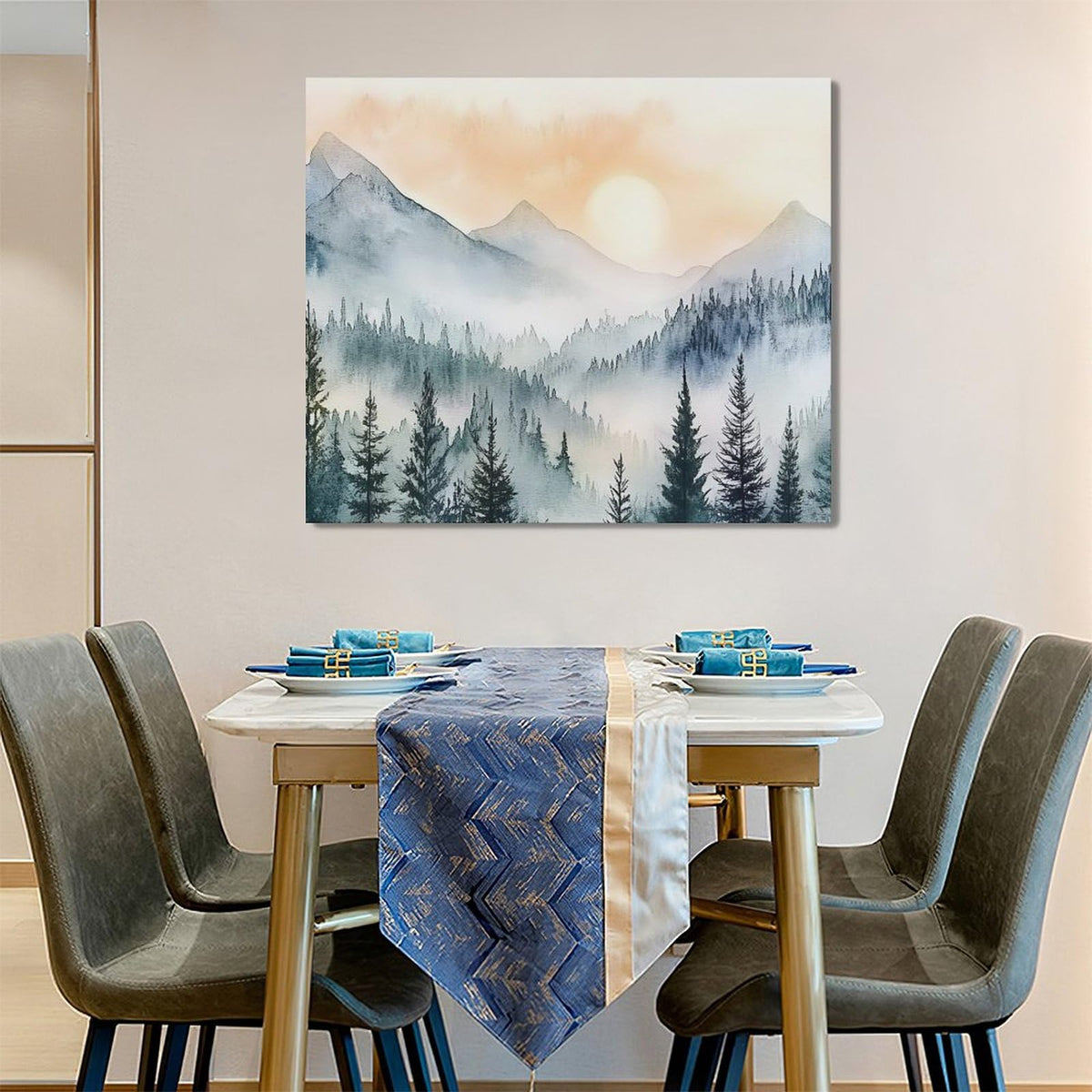 Large Framed Misty Mountain Forest Wall Art Watercolor 60"x30" (foggy / 60"L x 30"W)