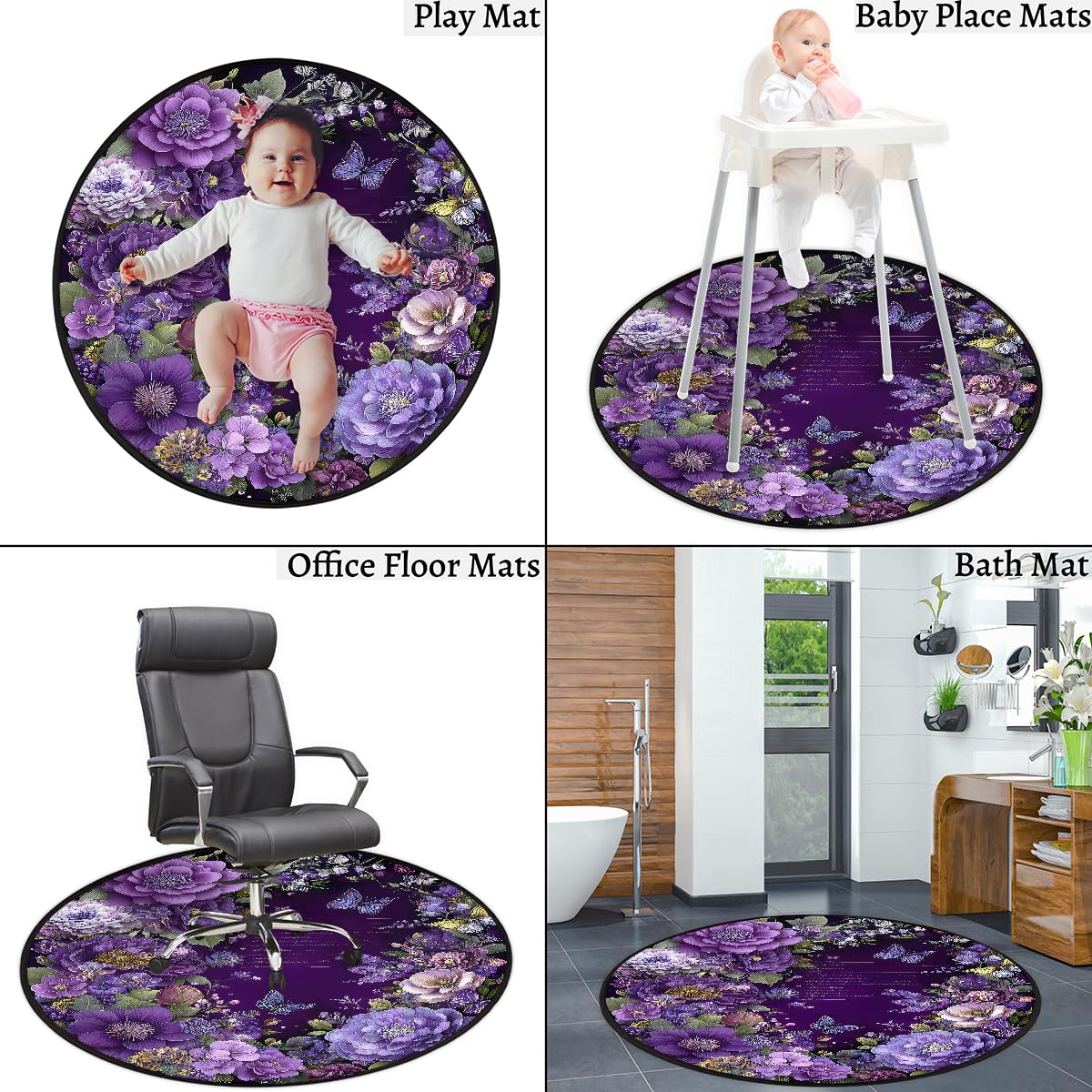5 Ft Purple Flowers Round Rug Circle Area Rugs Circular Door Mat for Indoor (Color33 / 5'3" (Round))
