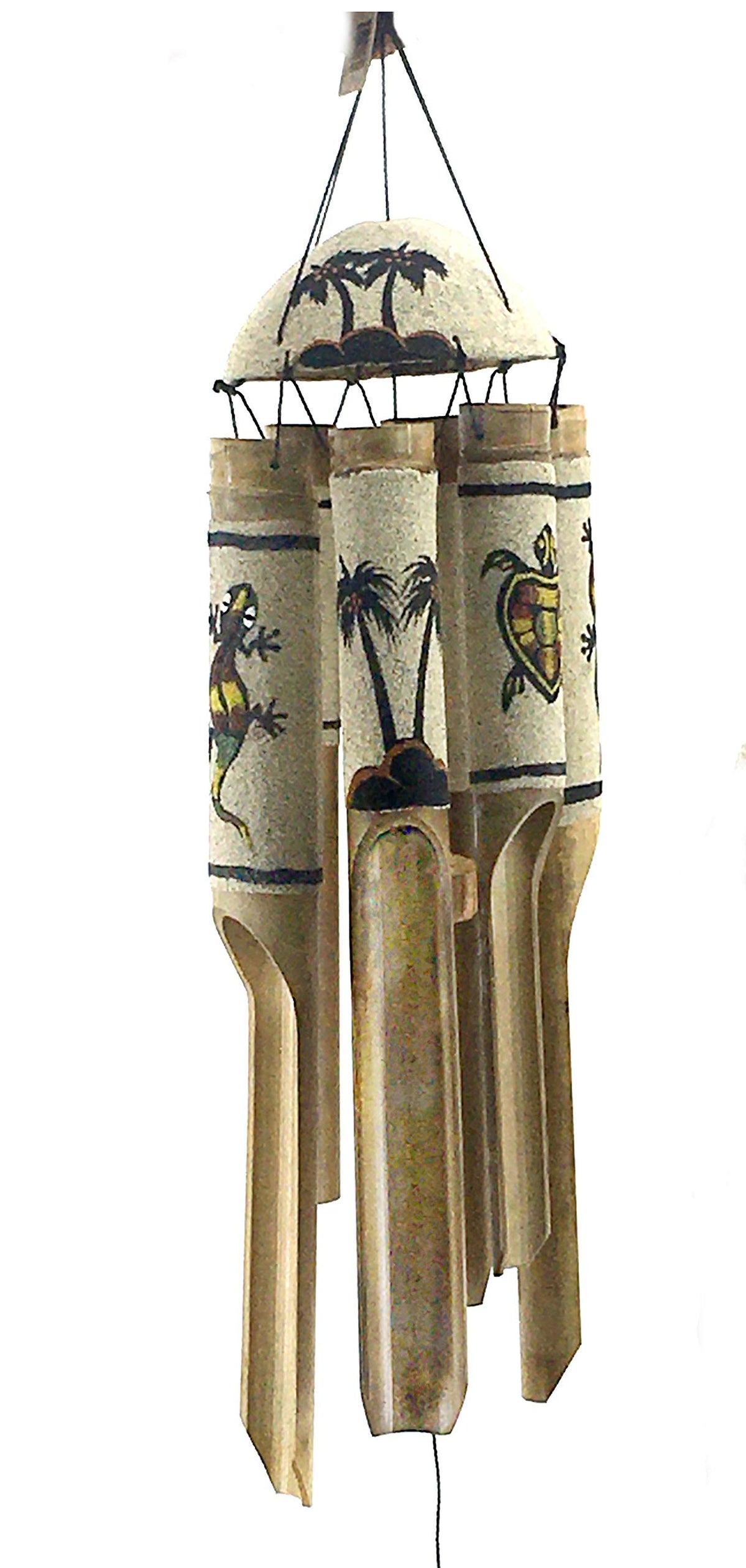 24629 Bamboo Wind Chimes Sea Sand Art Painting Palm Coconut Tree Gecko Sea Turtle Handmade Windchimes Outdoor Garden Patio Gifts 32 Inch (Black Sand)