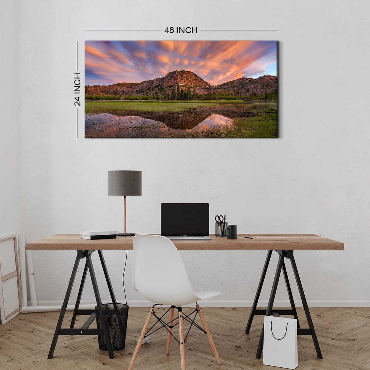 Burnt Orange Sunset Mountain Wall Art Sunset Nature Wall Decor for Office National Park Canvas Prints Panoramic Lake Reflection Paintings Posters Landscape Artwork Living Room Home Decoration 24x48” (48"L x 24"W / Field02)