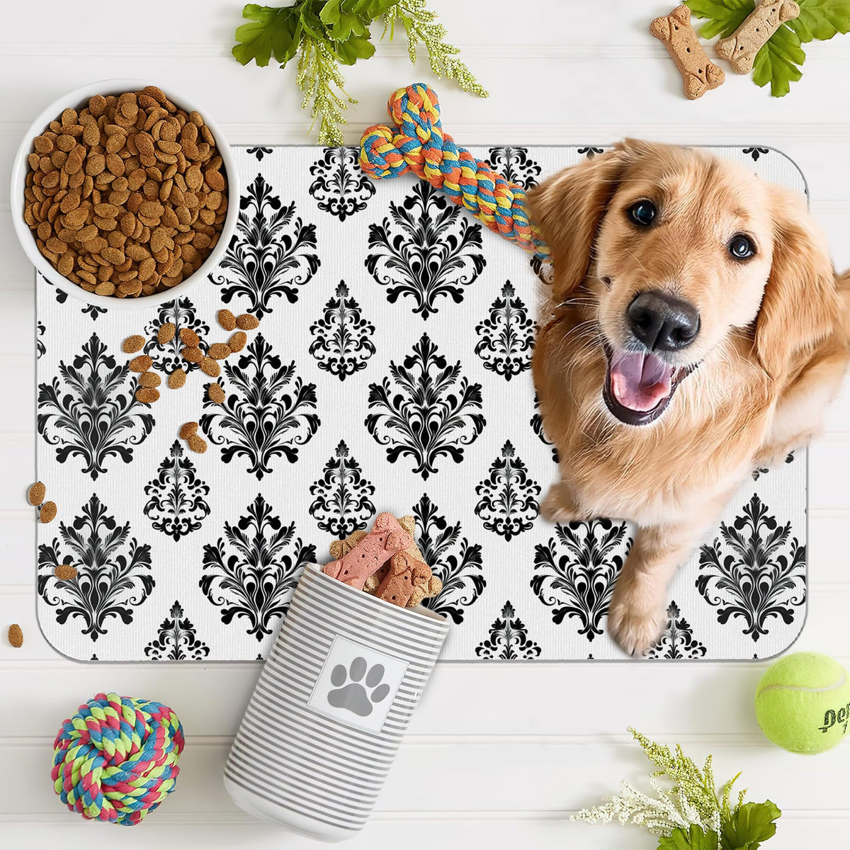 Vintage Damask Flower Dog Cat Food Mat (20"L x 20"W / Vintage Damask Flower)