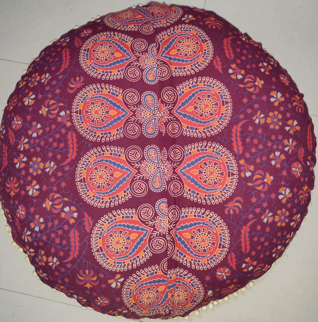 ICC 32" Indian Mandala Ottoman Throw Pouf Cover Seating Ottoman Cover Ethnic Cushions Bohemian Decor Fall Decor Pouf Case Decorative Footstool Round Floor Maroon (Maroon)