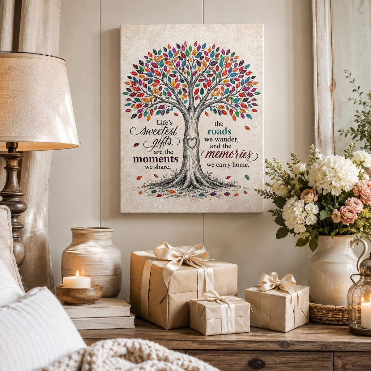 Colorful Tree Canvas Wall Art Framed Inspirational Family Quote 12x16 Inch (Tree Family Quote / 16"L x 12"W)