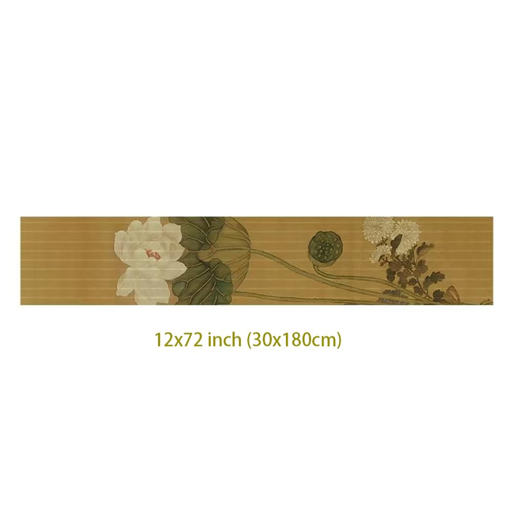 Asian Style Bamboo Table Runner (White Lotus Chrysanthemum / 12x72 Inch)
