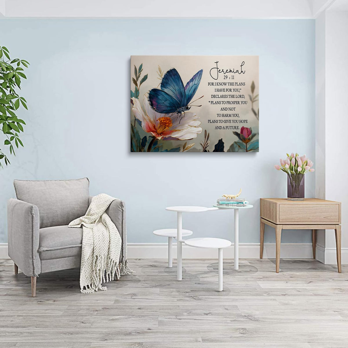 Blue Butterfly Vintage Floral Inspiring Christian Gifts for Women Canvas Wall Decor (Light-colored / 12"L x 16"W)