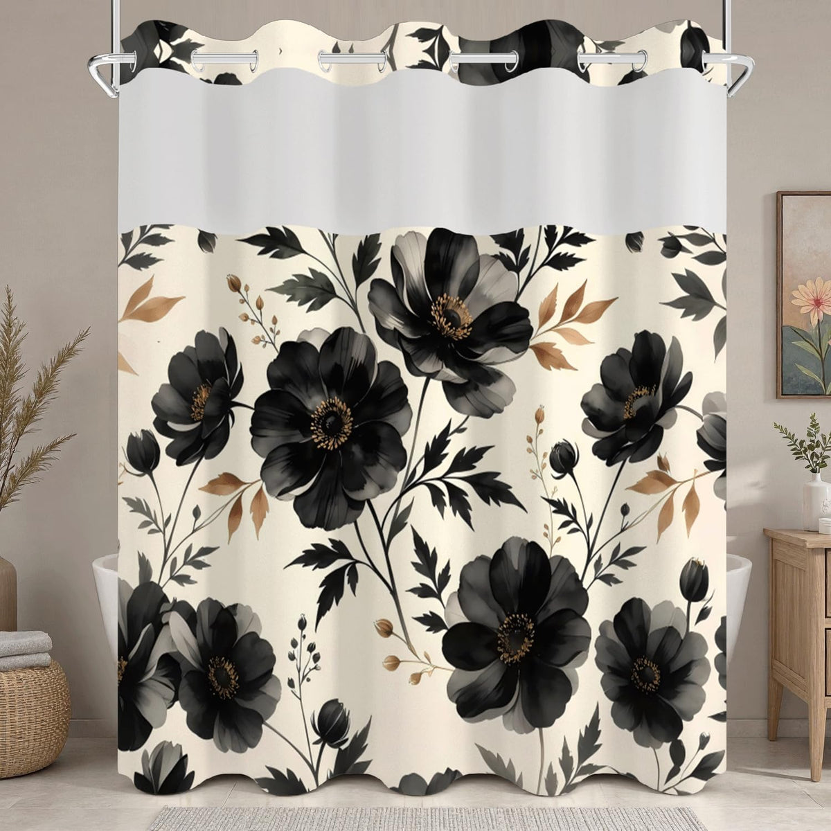 Black Floral Shower Curtain with Snap in Liner (Black Floral)