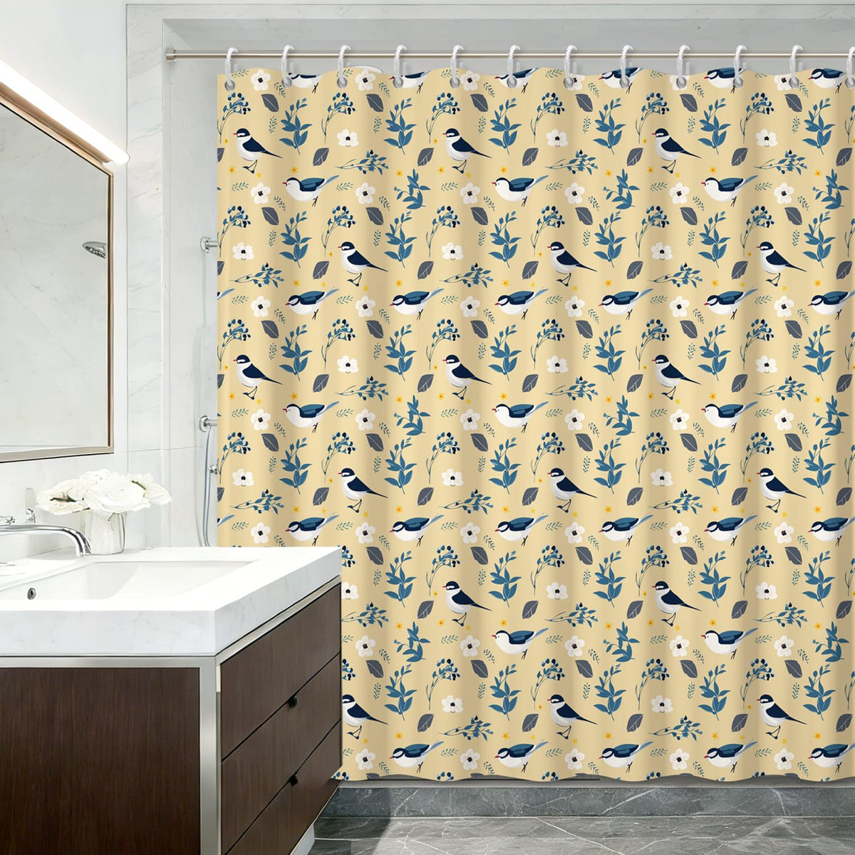 Bird & Floral Shower Curtain with Hooks (Bird & Floral)