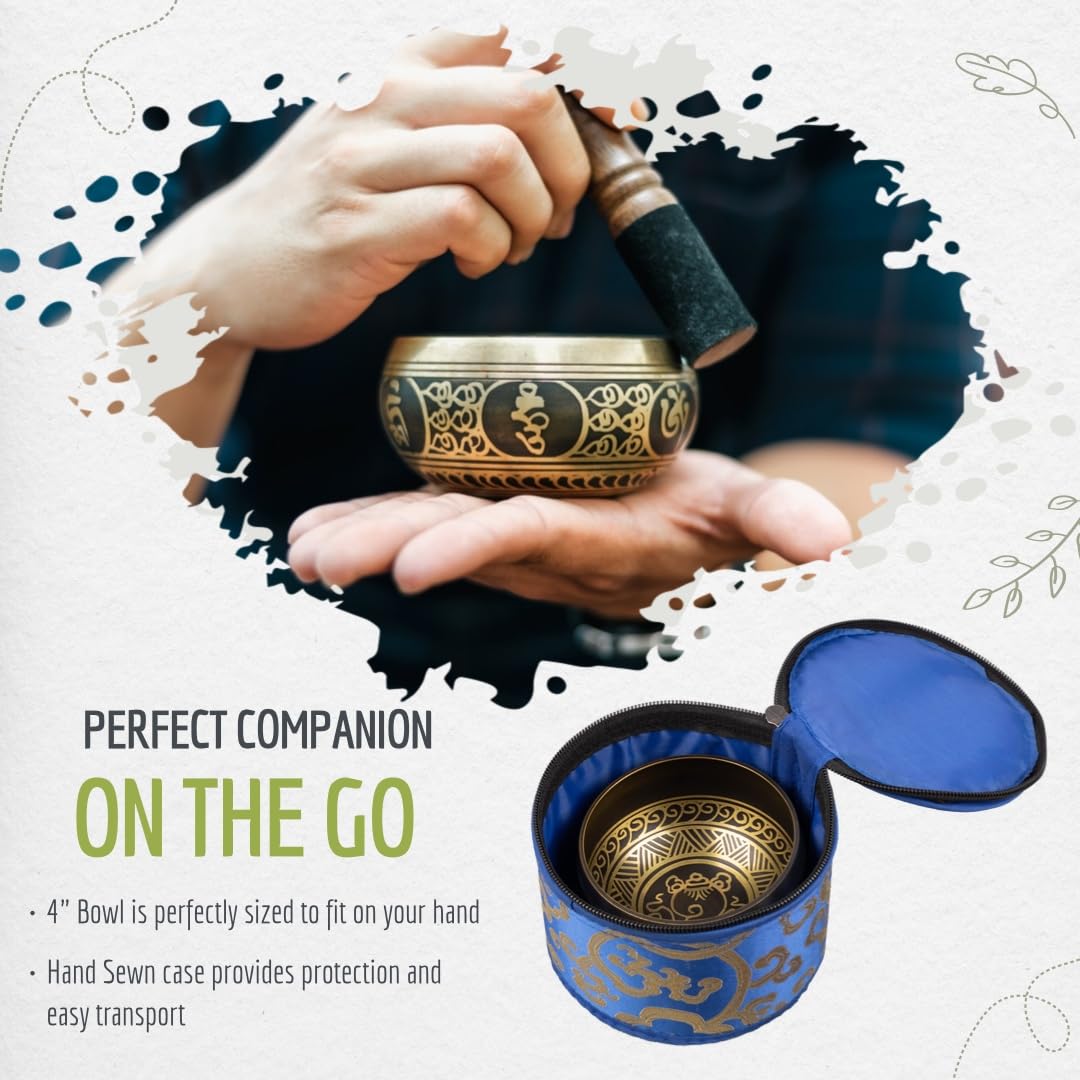 4" Tibetan Singing Bowl Set with 7 Chakra Stones & Pendulum (Gold Set with Case + Chakra Stones + Pendulum)