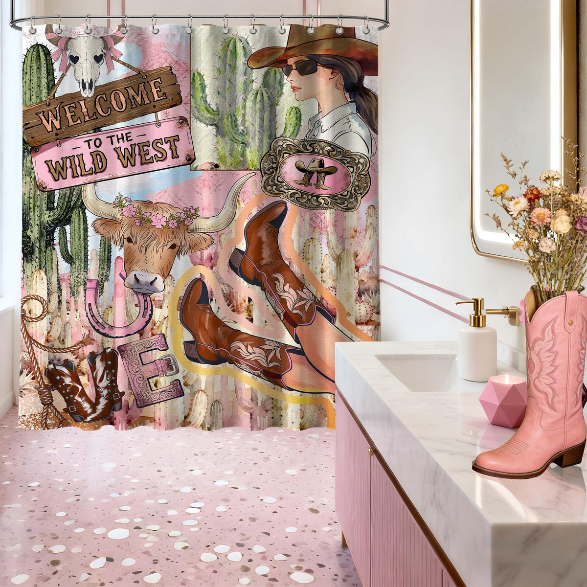 Extra Long Shower Curtain 96 Inchs Extra Tall Pink Western Cowgirl XL Desert Cactus Succulent Shower Curtains for Large Bathroom Decor Sets (Pink Western / 70"W x 96"L (Pack of 1))