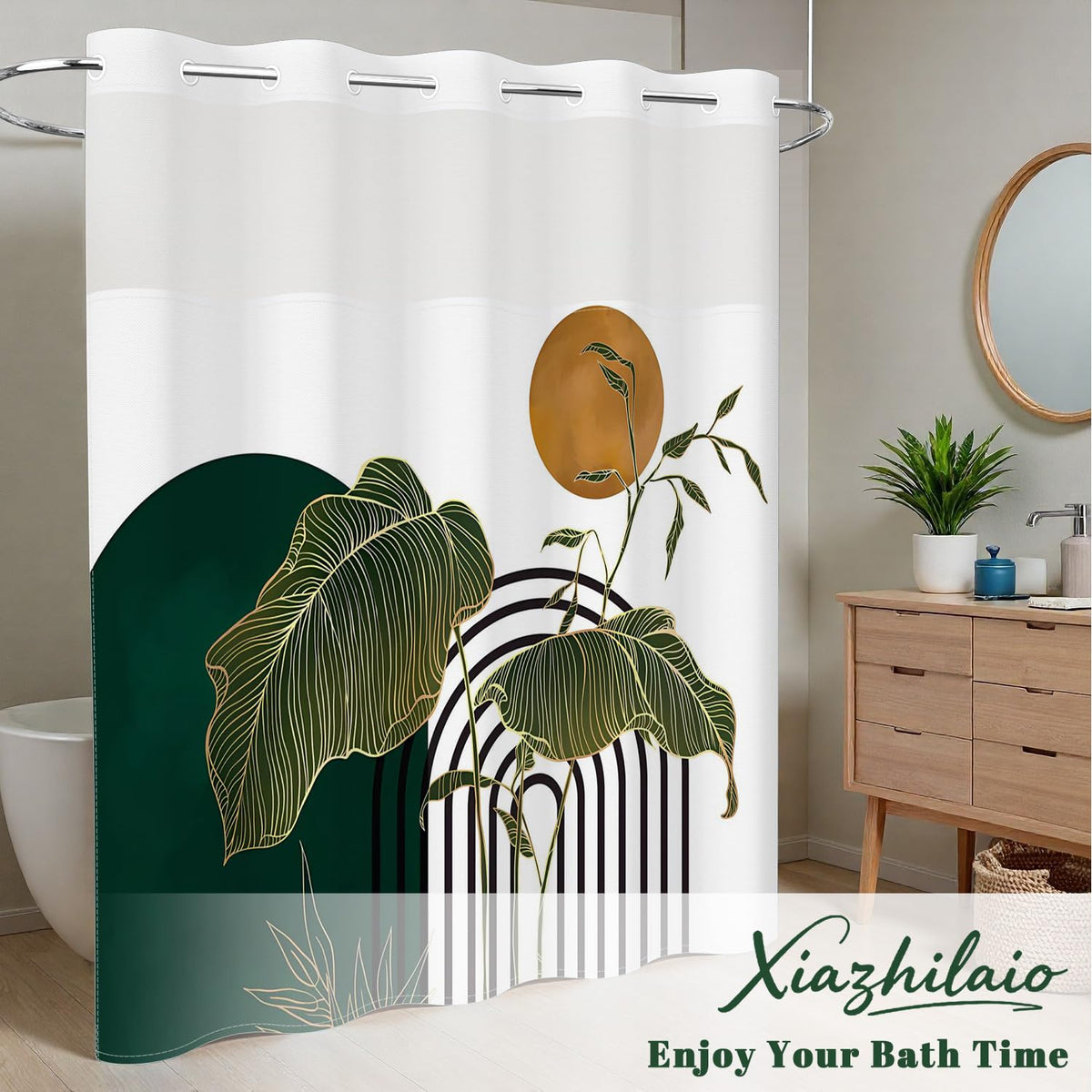 Abstract Monstera Leaf Print Shower Curtain No Hooks with Liner (Boho Art)