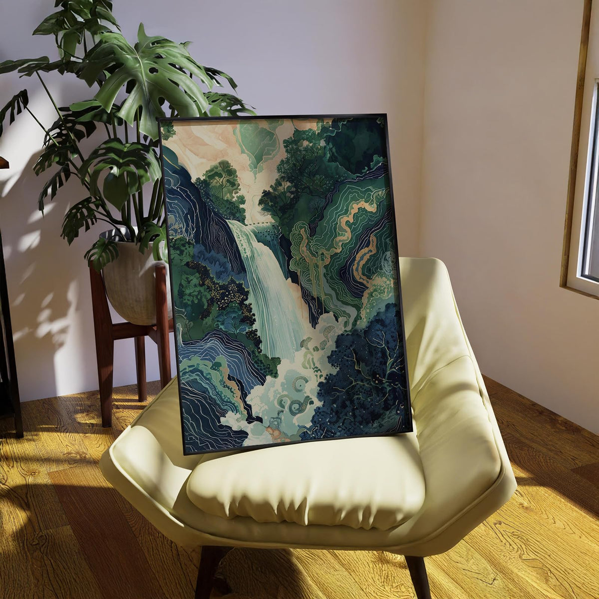 Japanese Landscape Black Framed Prints Poster Abstract Nature Mountain Canvas Wall Art 16x24 inch Vintage Asian Waterfall Painting Ukiyo (Black Framed / Japanese Painting / 24"L x 16"W)