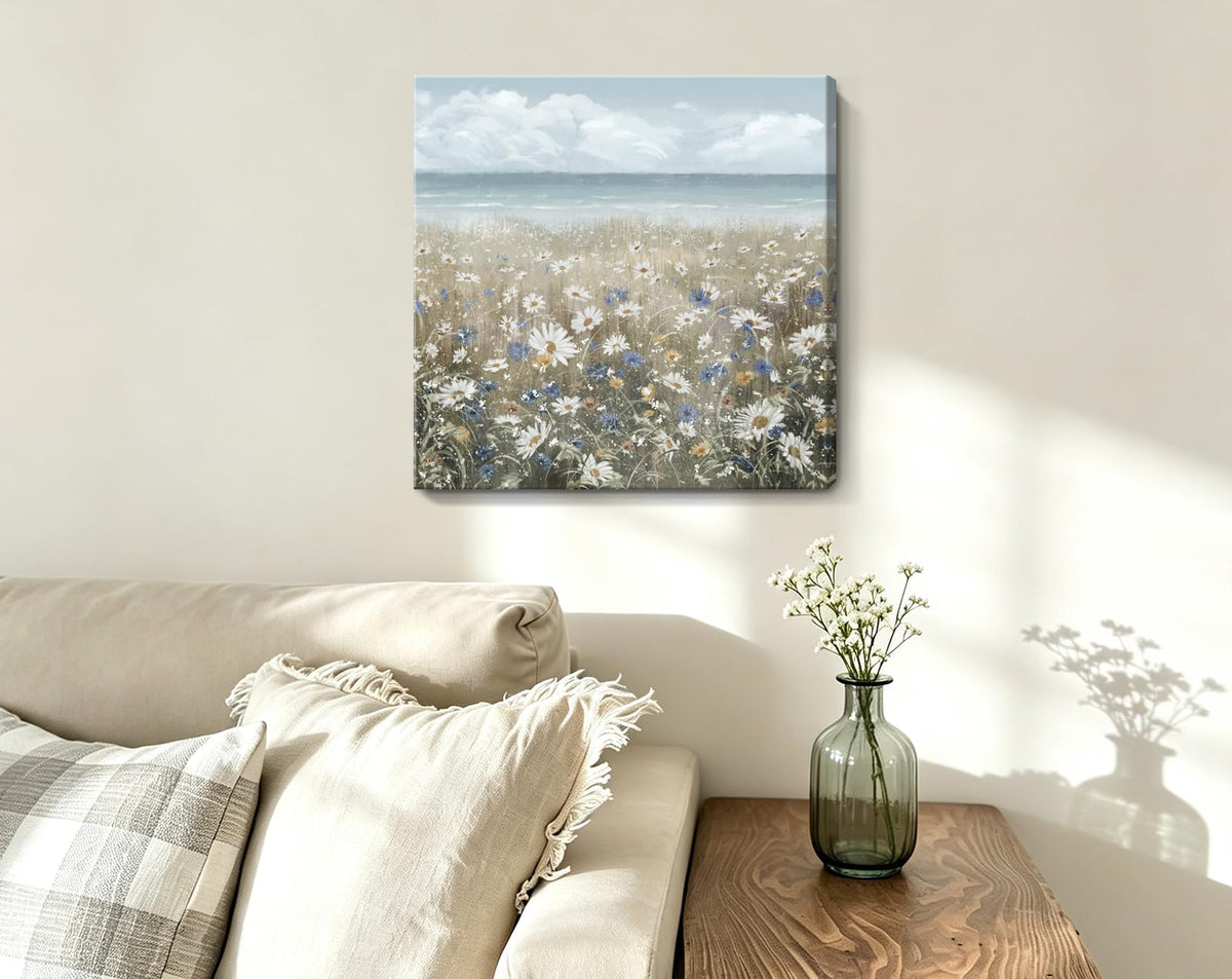 Canvas Wall Art 13x13 Beach Floral Coastal Boho Daisy Wildflowers (Coastal Flower Sea Art / 13"L x 13"W)