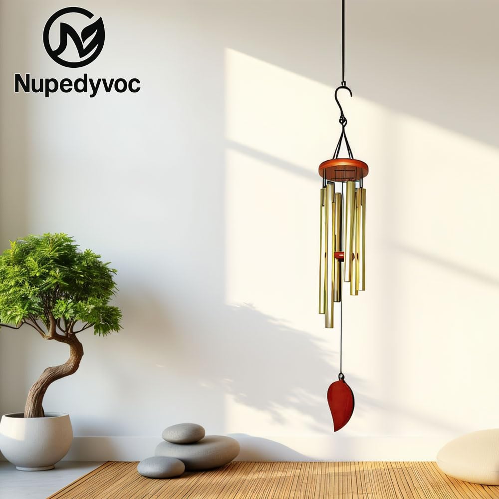 32” Large Golden Aluminum Wind Chimes with Brown Wooden Cap for Outside (Golden Aluminum Wind Chimes With Brown Wooden Cap)