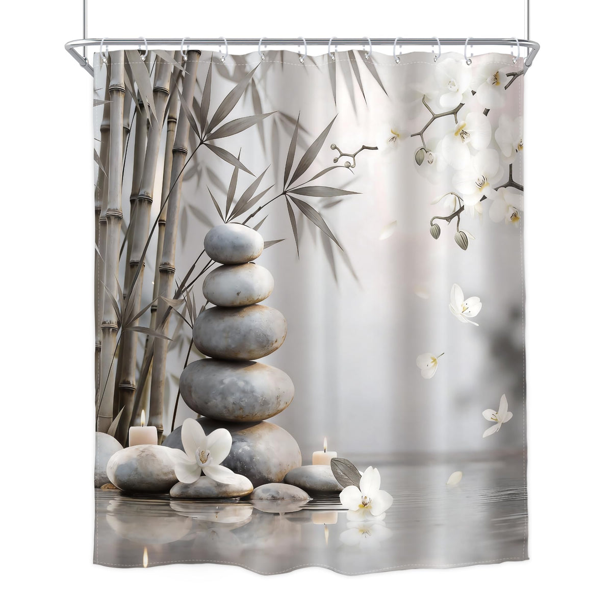 Zen Stone Shower Curtain Beige Bamboo Flower 60Wx72H Inch Decor (Zen01(beige) / 60"W x 72"L (Pack of 1))