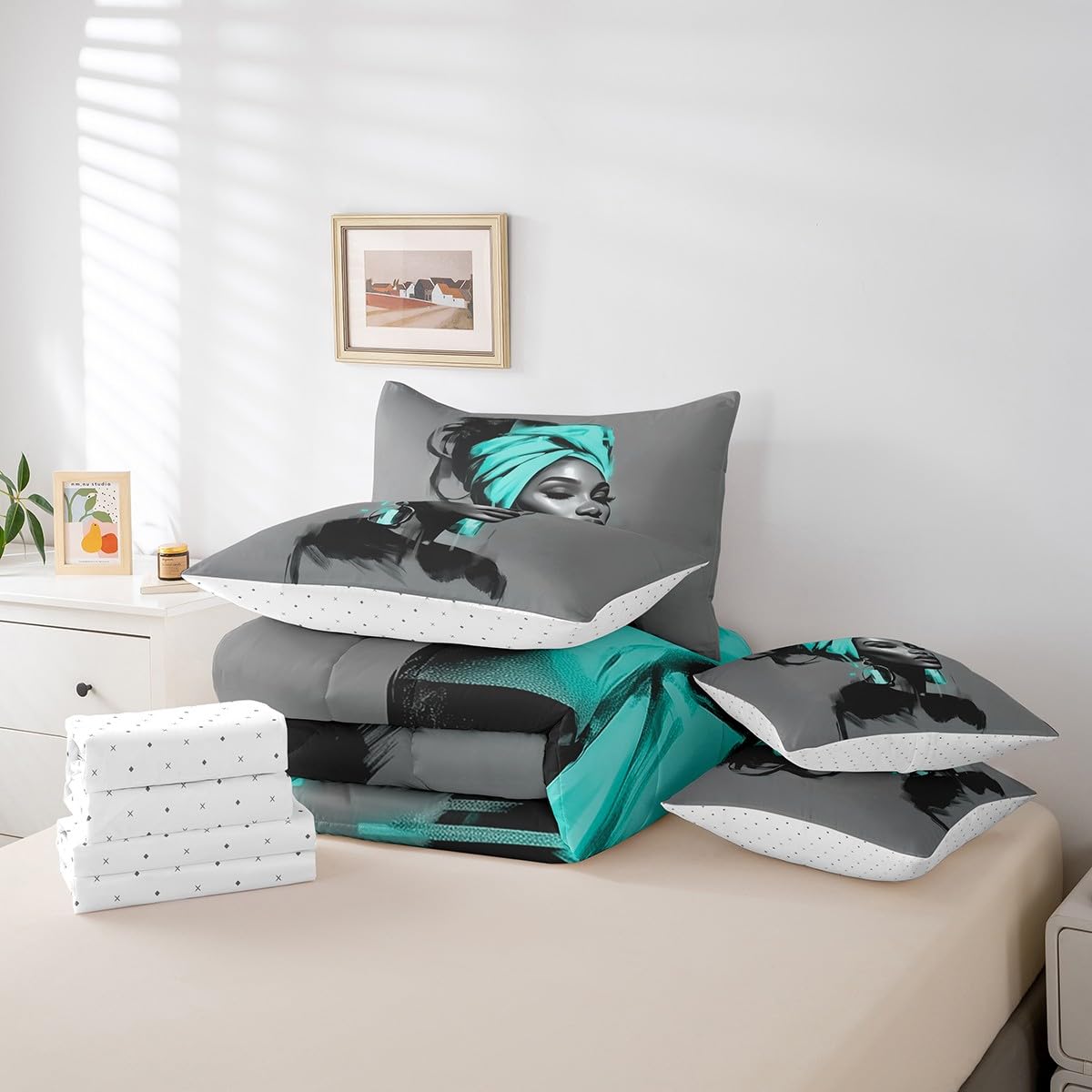 Black Women Comforter Set with Sheets King Size African American Woman 7 Piece Bedding Set All Season Teens Teal Abstract Bed in A Bag Breathable Soft Lightweight Modern Room Decor (Light Gray Teal / King)
