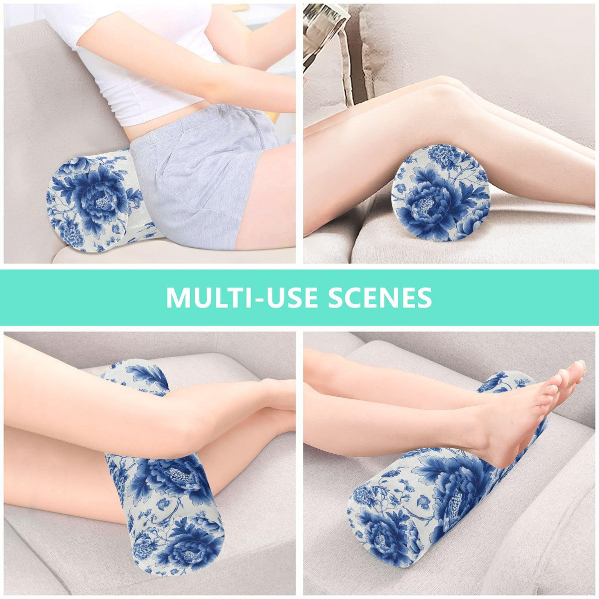 Blue and White Peony Flowers Butterfly Neck Roll Pillow Bolster Round Health Memory Foam Long Cervical Cylinder Pillows with Removable Washable Cover for Body Bed Legs Back Yoga (Blue and White Peony Flowers Leaf)