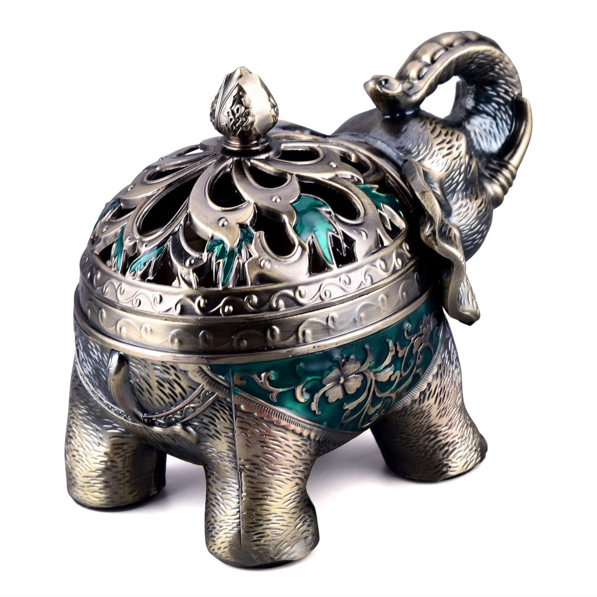 Metal Backflow Incense Holder Elephant Cone Incense Burner Candle Holder with Lid (Green)